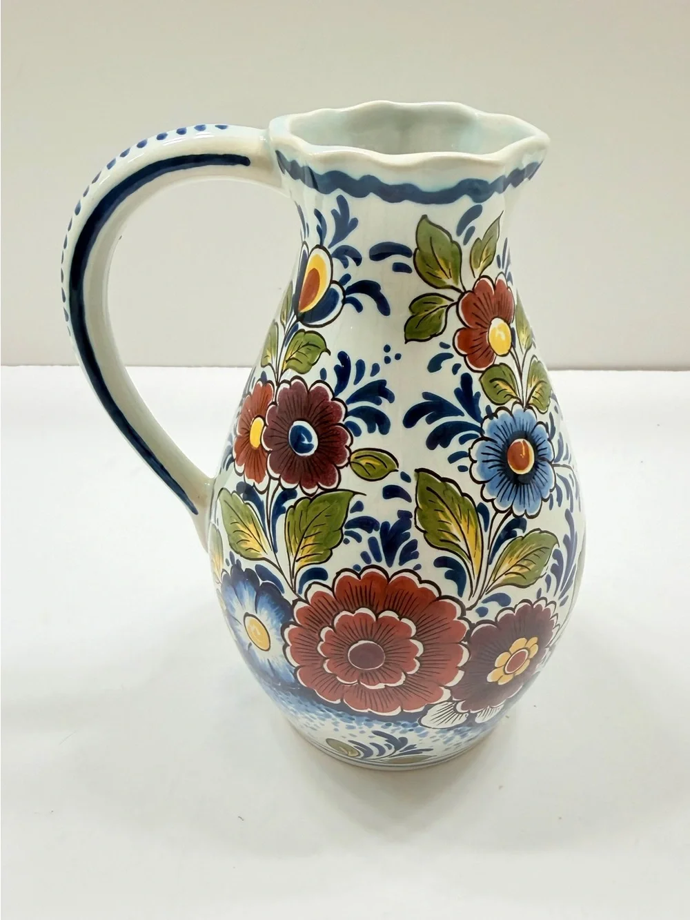 1960s Oud Delft Pottery Jug Pitcher Vase Hand Painted Polychrome Floral 6.5” Vtg